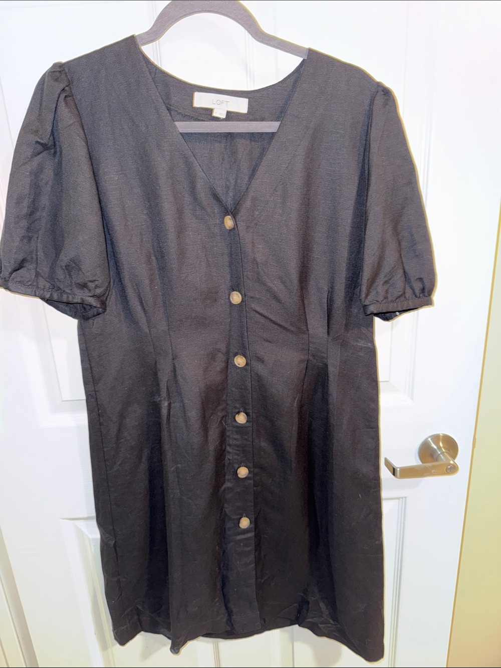 LOFT Black V-Neck Button Front Puff Sleeve Dress